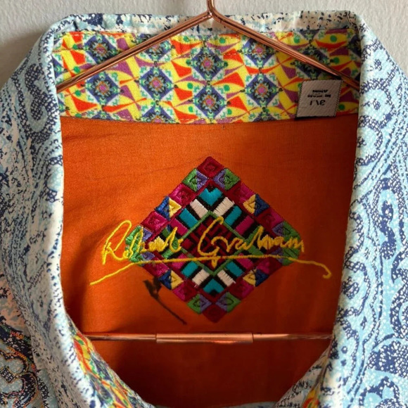 Robert Graham Mens Paisley Buttoned Long Sleeve Shirt White Blue Sz Large - Picture 6 of 16